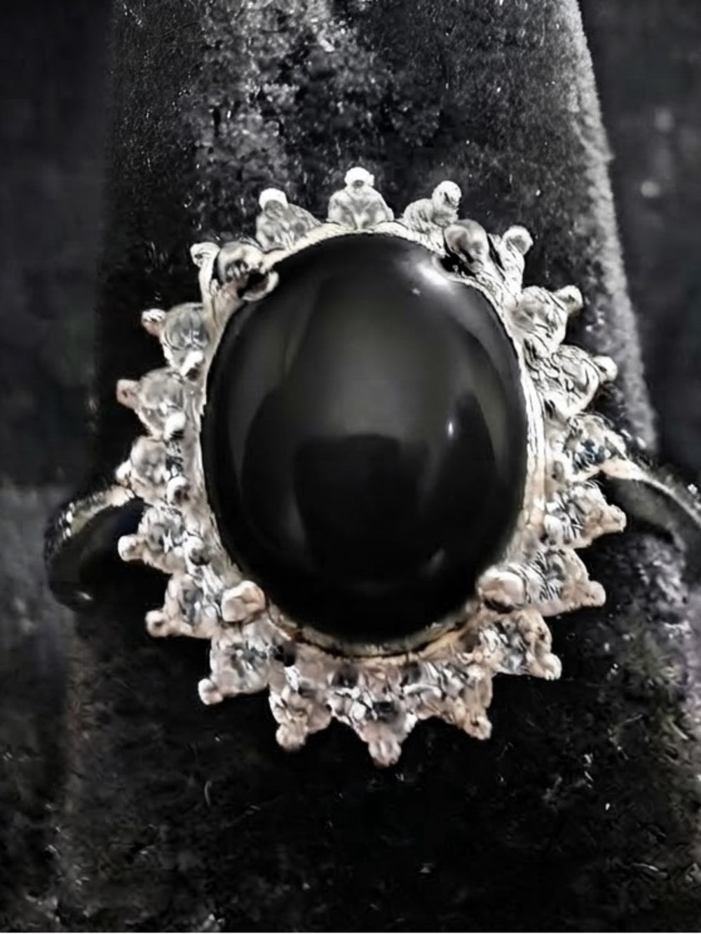 925 Sterling Silver Genuine Black Onyx Halo Ring Oval Cabochon Cocktail Size 7.5